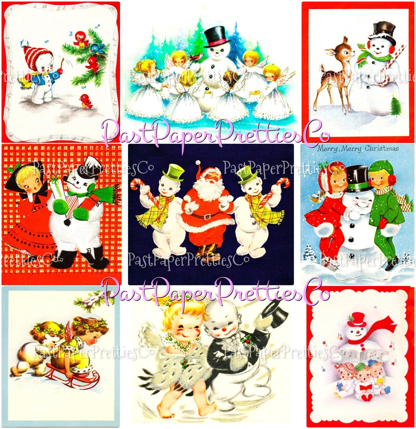 Vintage Christmas Printable MCM Snowmen and Their Friends Christmas Card Collage Images PDF Instant Digital Download Snowman Friendship