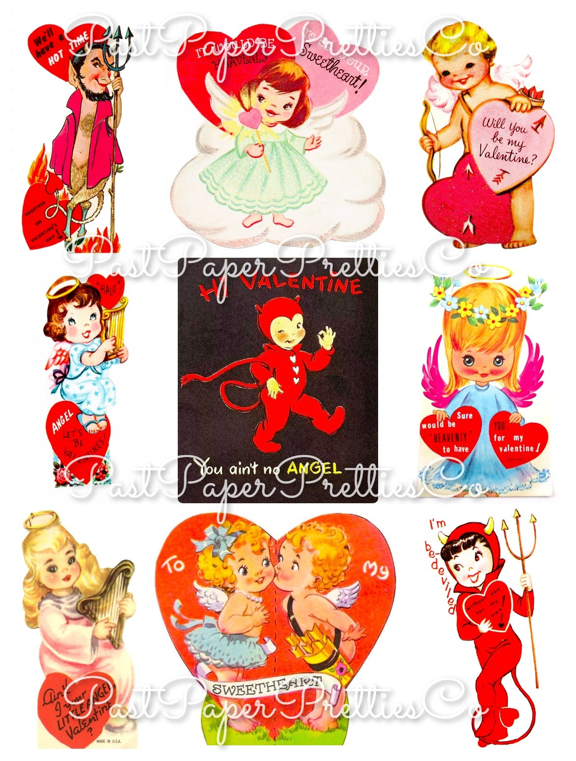Vintage Valentines Day ALL Angels and Devils Themed Printable Card Image Collage Sheets PDF Instant Digital Download 45 Cute Hearts Clipart