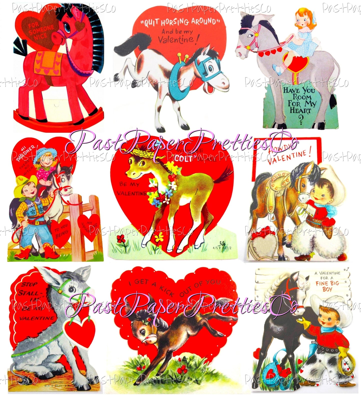 Vintage Valentines Day ALL Horses Themed Printable Card Image Collage Sheets PDF Instant Digital Download 54 Cute Pony Animal Clipart