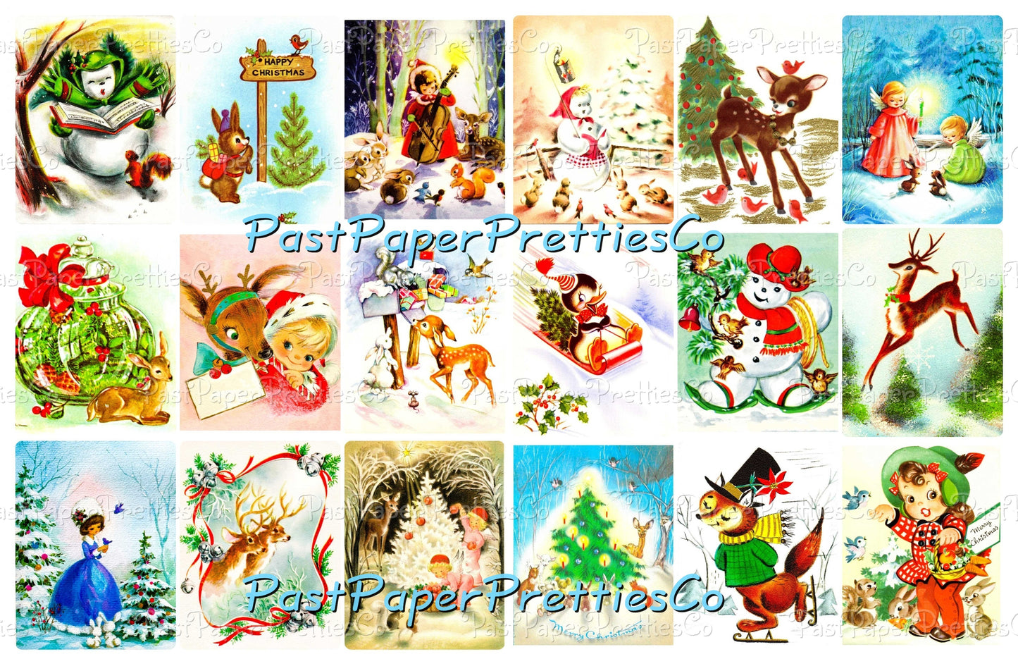 Vintage Printable Christmas Forest Friends Card 108 Images Collage Sheets Animal Santa Snowmen Kids Friendship PDF Instant Digital Download