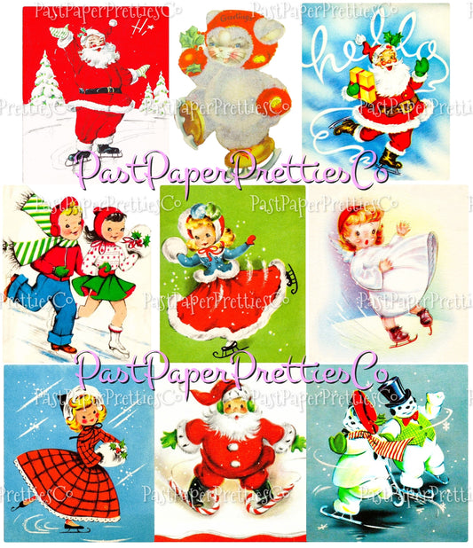 Vintage Christmas Printable MCM Skating Skiing Sledding Snowshoeing Cuties Card Collage Images PDF Instant Digital Download Holiday Outdoors