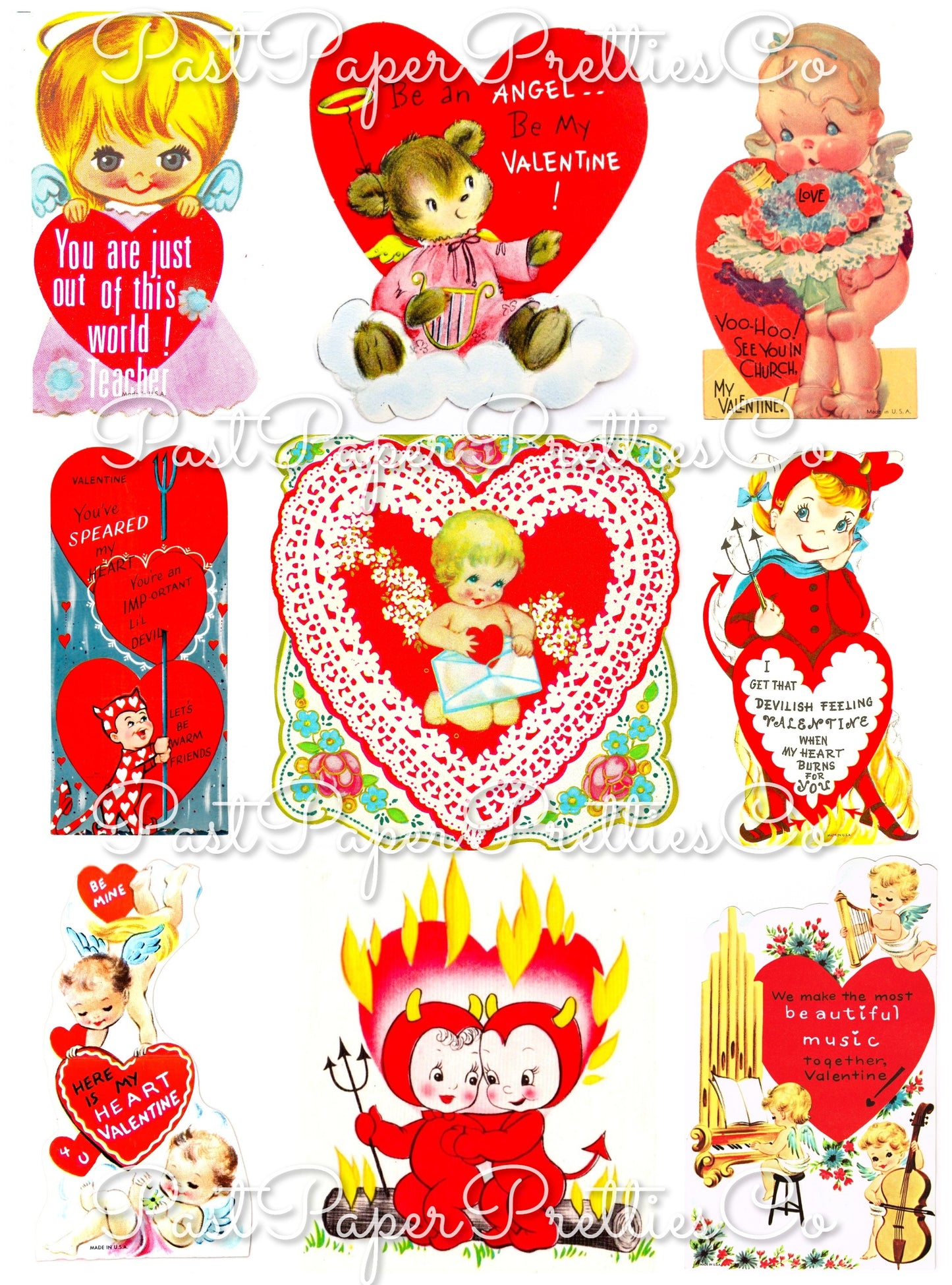 Vintage Valentines Day ALL Angels and Devils Themed Printable Card Image Collage Sheets PDF Instant Digital Download 45 Cute Hearts Clipart