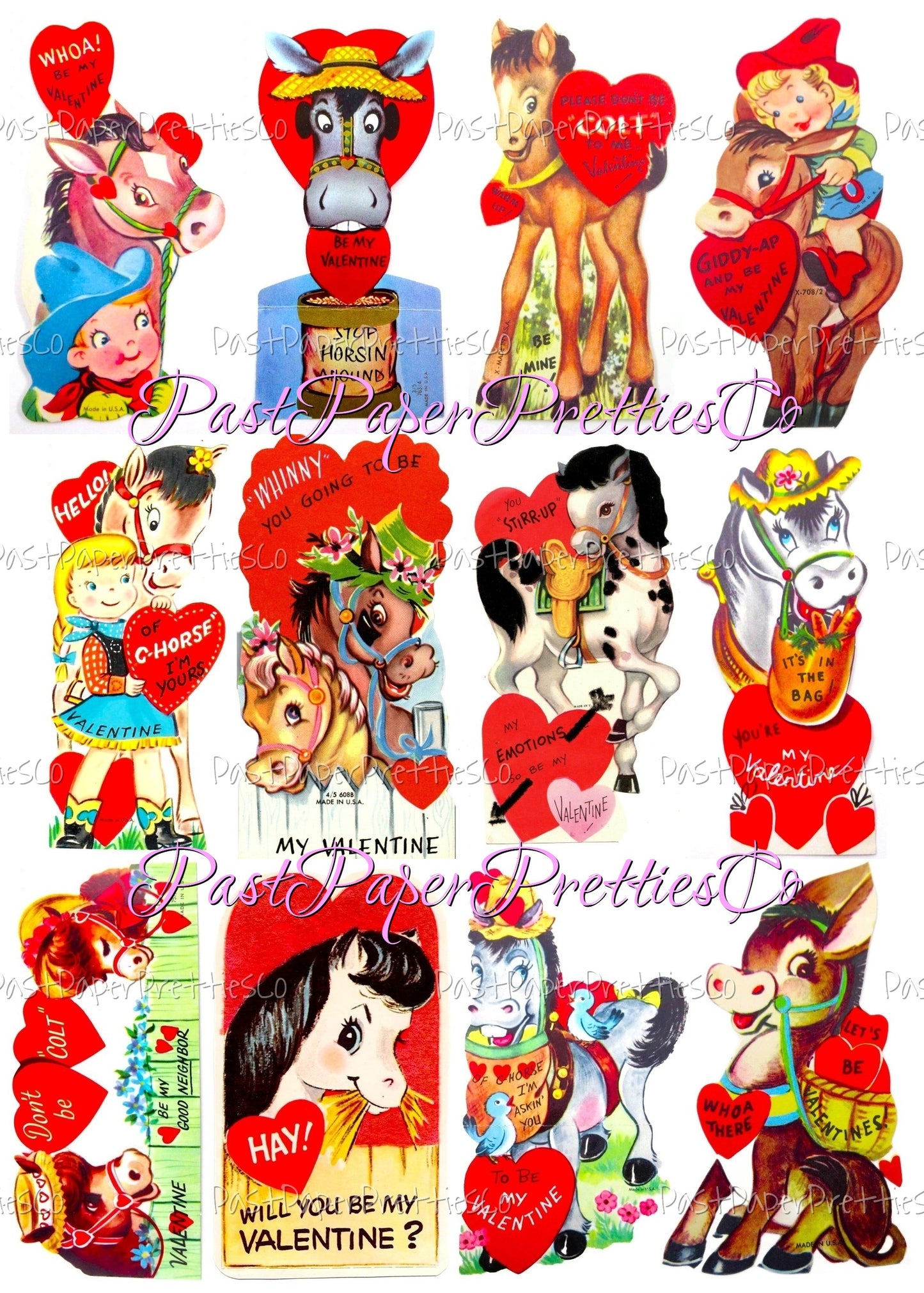 Vintage Valentines Day ALL Horses Themed Printable Card Image Collage Sheets PDF Instant Digital Download 54 Cute Pony Animal Clipart