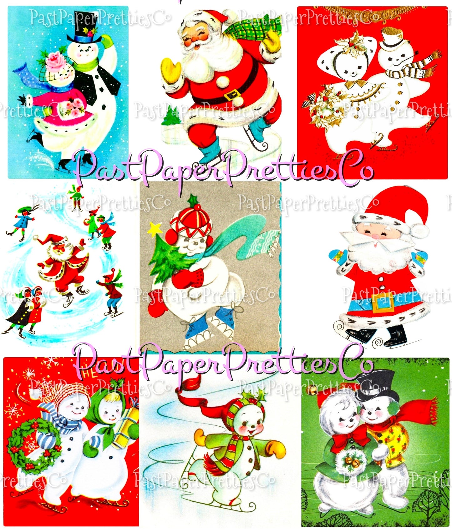 Vintage Christmas Printable MCM Skating Skiing Sledding Snowshoeing Cuties Card Collage Images PDF Instant Digital Download Holiday Outdoors