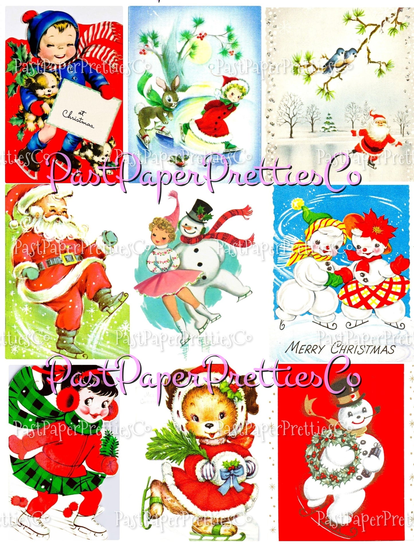 Vintage Christmas Printable MCM Skating Skiing Sledding Snowshoeing Cuties Card Collage Images PDF Instant Digital Download Holiday Outdoors