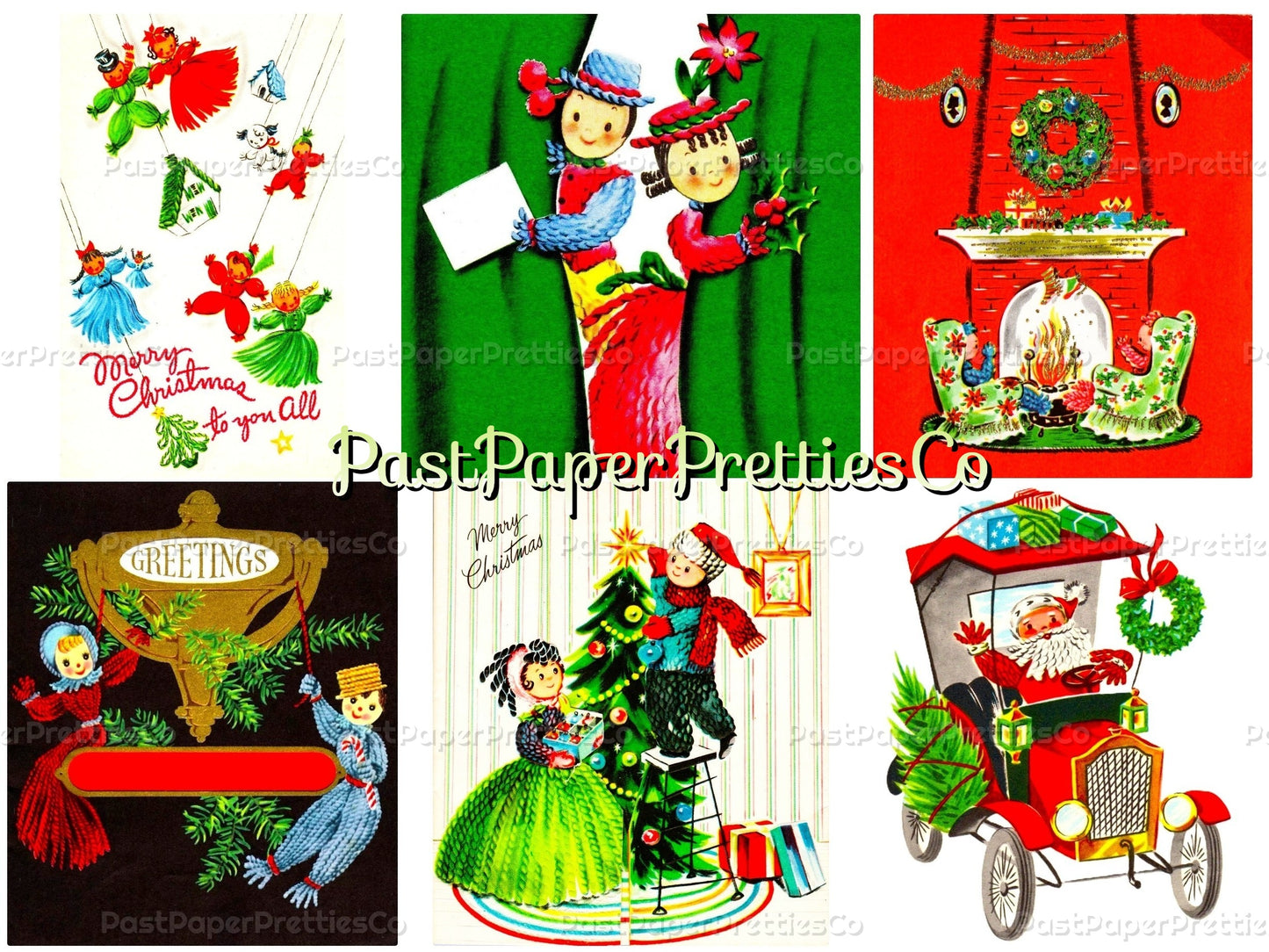 Vintage Christmas Yarn People Collage Sheets & Full Cards Printable PDF Instant Digital Kitsch Cute Yarny Holiday Couples Family 45 Images