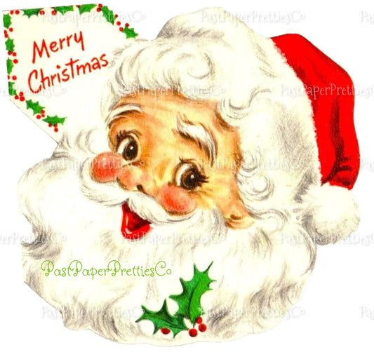 Vintage Merry Christmas Printable Retro Happy Santa Claus Face Red and Purple Hat Clipart Image PDF Instant Digital Download JPEG PNG