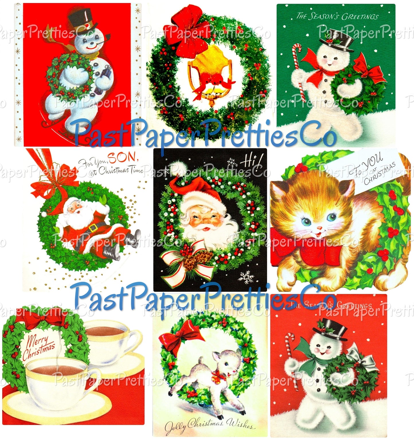 45 Vintage Printable Christmas Wreaths Collage Sheets Retro MCM Card Images PDF Instant Digital Download Cute Santa Snowmen Animals