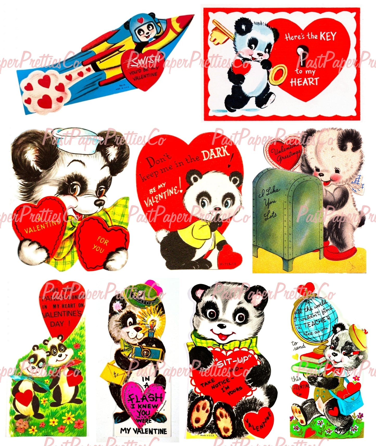 27 Vintage Printable Panda Bear Valentine Card Collage Images PDF Instant Digital Download ALL Kitsch Anthropomorphic Panda Love Clip Art