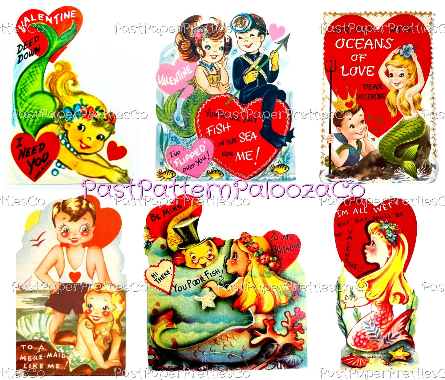 Vintage Printable Valentines Retro Mermaids Merman Card Images PDF Instant Digital Download Kitsch Kawaii Cute Mermaid Clip Art 300 dpi