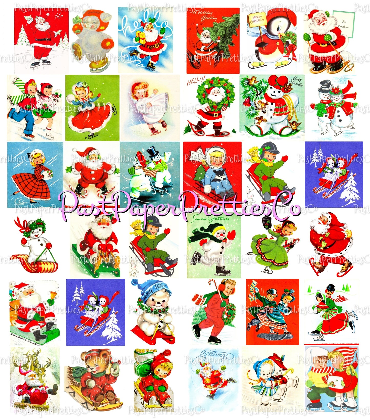 Vintage Christmas Printable MCM Skating Skiing Sledding Snowshoeing Cuties Card Collage Images PDF Instant Digital Download Holiday Outdoors