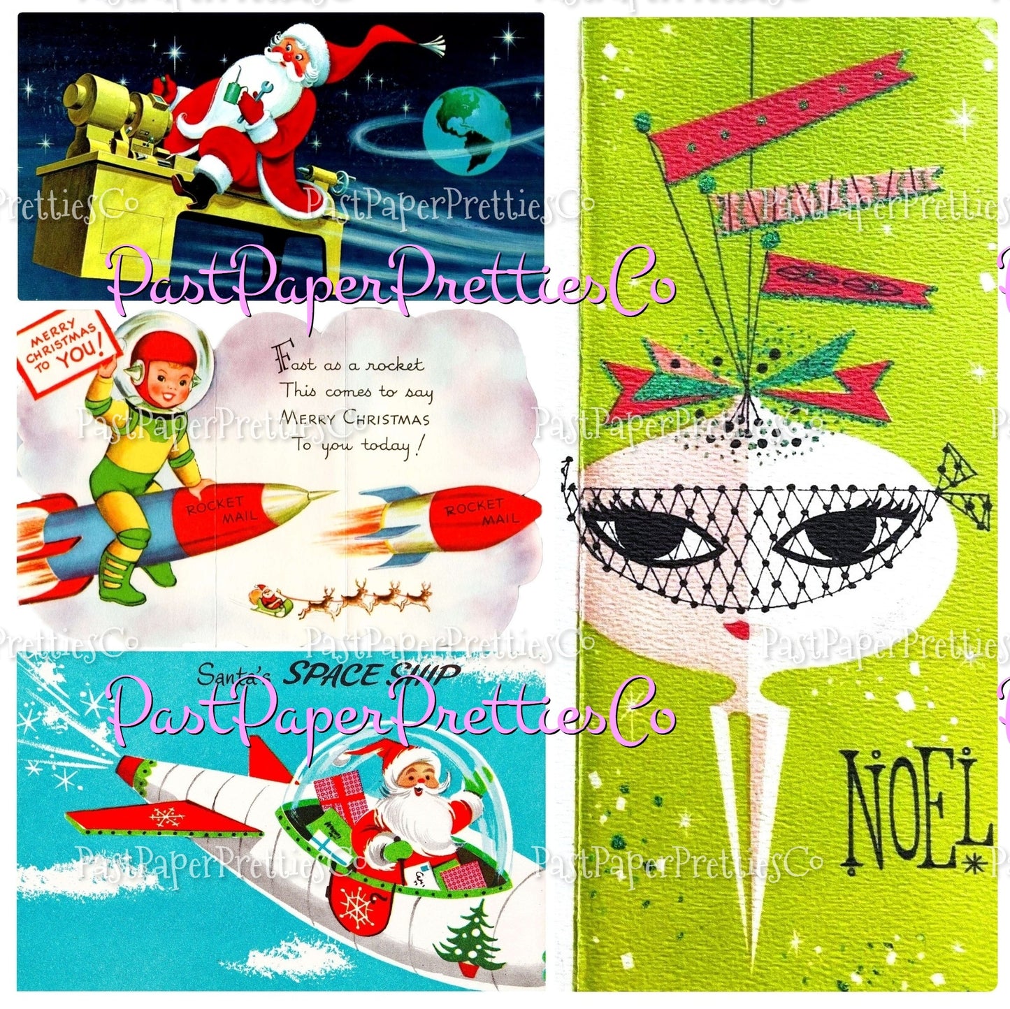 Vintage Christmas Printable MCM Outer Space Atomic Rocket Ship Card Collage Images PDF Instant Digital Download Retro Astronaut Santa Kids