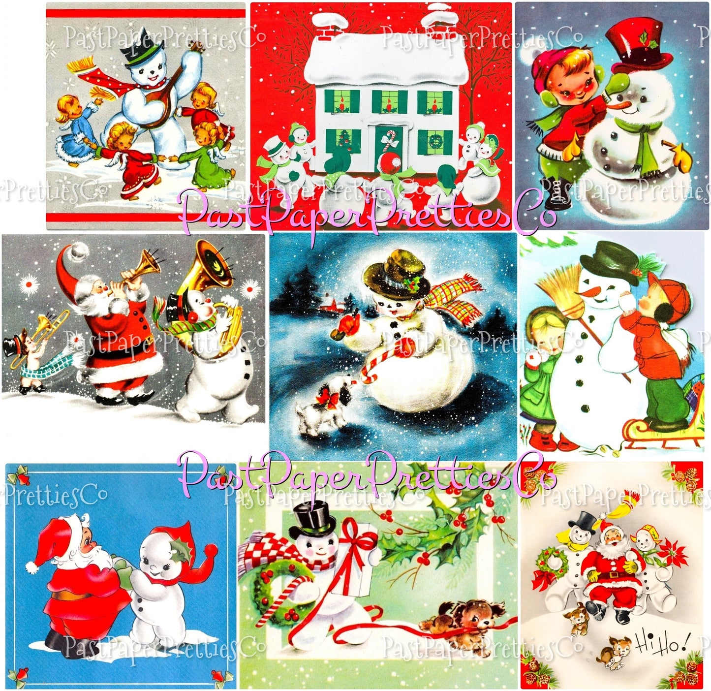 Vintage Christmas Printable MCM Snowmen and Their Friends Christmas Card Collage Images PDF Instant Digital Download Snowman Friendship