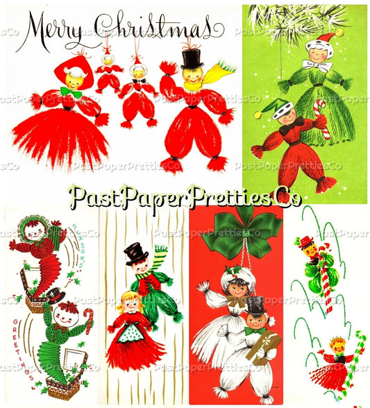 Vintage Christmas Yarn People Collage Sheets & Full Cards Printable PDF Instant Digital Kitsch Cute Yarny Holiday Couples Family 45 Images
