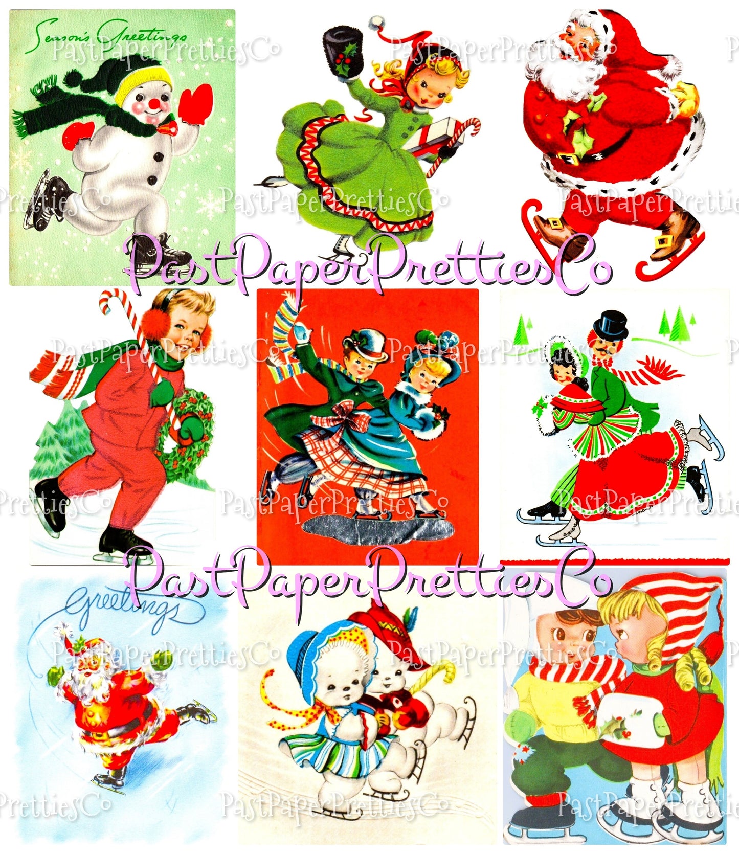 Vintage Christmas Printable MCM Skating Skiing Sledding Snowshoeing Cuties Card Collage Images PDF Instant Digital Download Holiday Outdoors