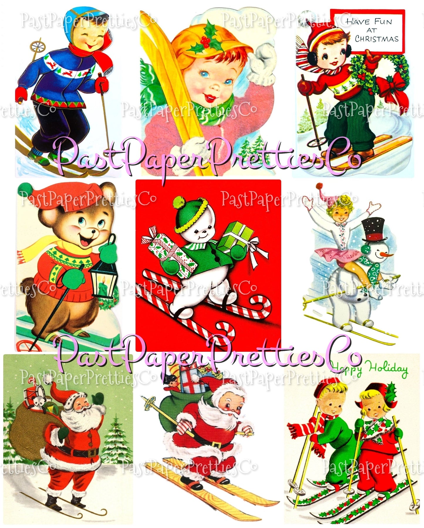 Vintage Christmas Printable MCM Skating Skiing Sledding Snowshoeing Cuties Card Collage Images PDF Instant Digital Download Holiday Outdoors