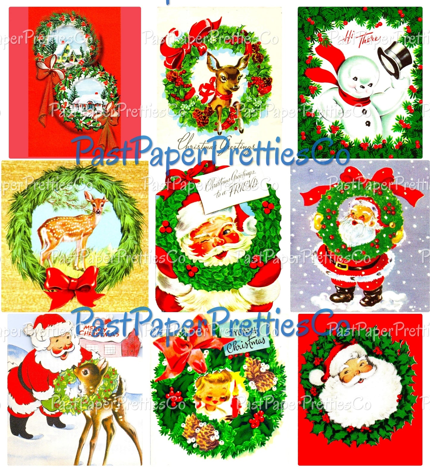 45 Vintage Printable Christmas Wreaths Collage Sheets Retro MCM Card Images PDF Instant Digital Download Cute Santa Snowmen Animals