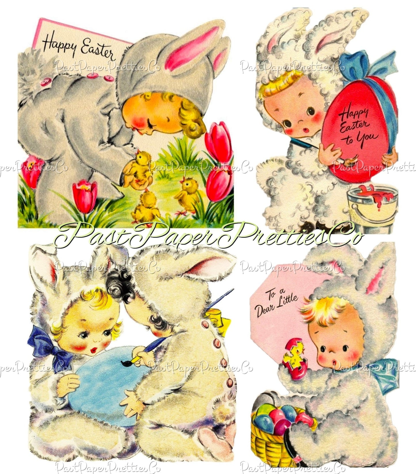 Vintage Easter Card Bunny Suit Babies Images 8 Cute Kitsch Printable Collage and Single Cards PDF Instant Digital Download MCM Clip Art