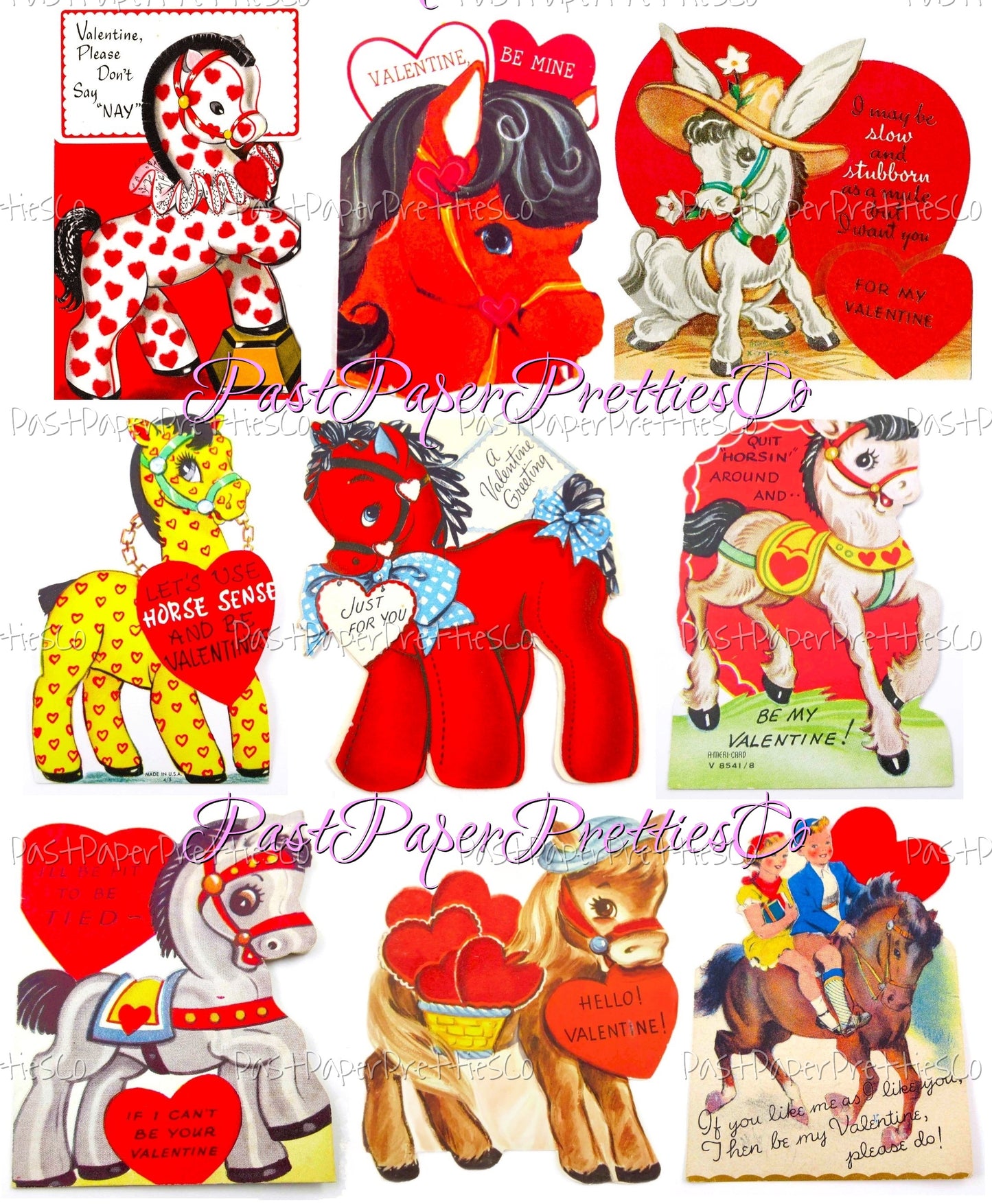 Vintage Valentines Day ALL Horses Themed Printable Card Image Collage Sheets PDF Instant Digital Download 54 Cute Pony Animal Clipart