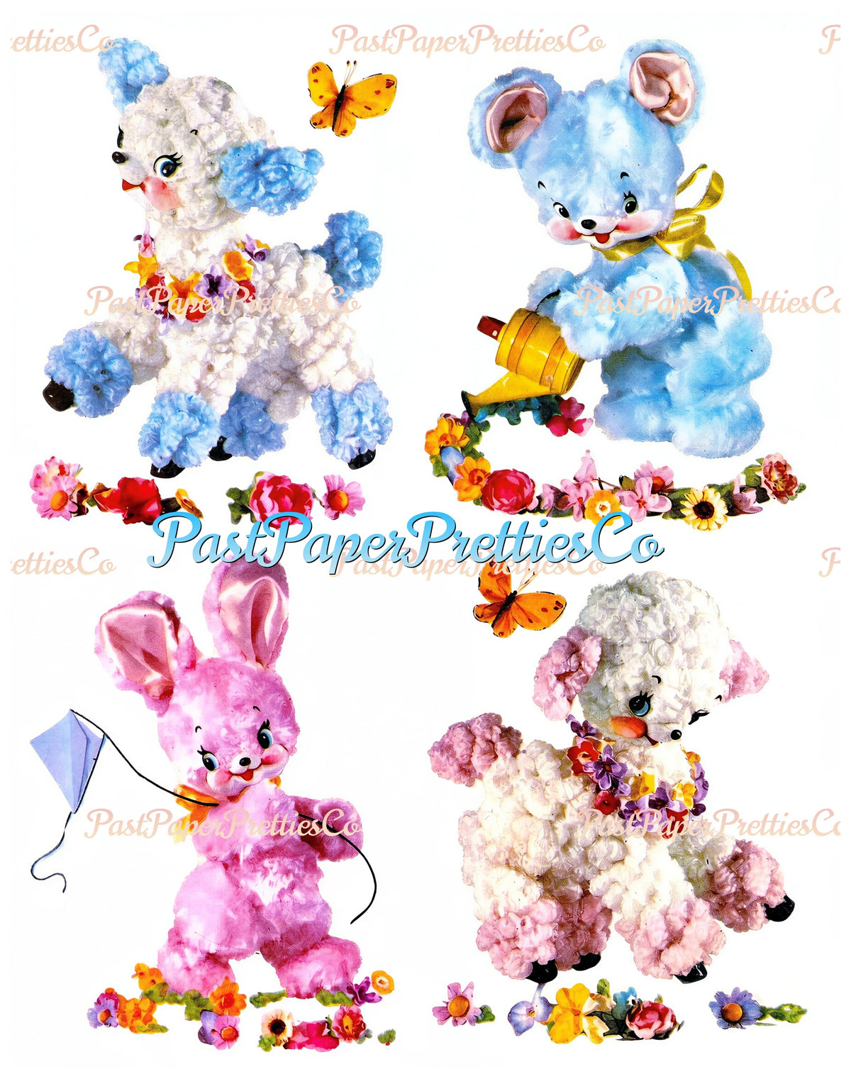 Vintage Retro Nursery Baby Fluffy Bear Bunny Lambs Decals Images Collage Sheet Instant Digital Download Cute Kitsch Animals Flowers 1950s