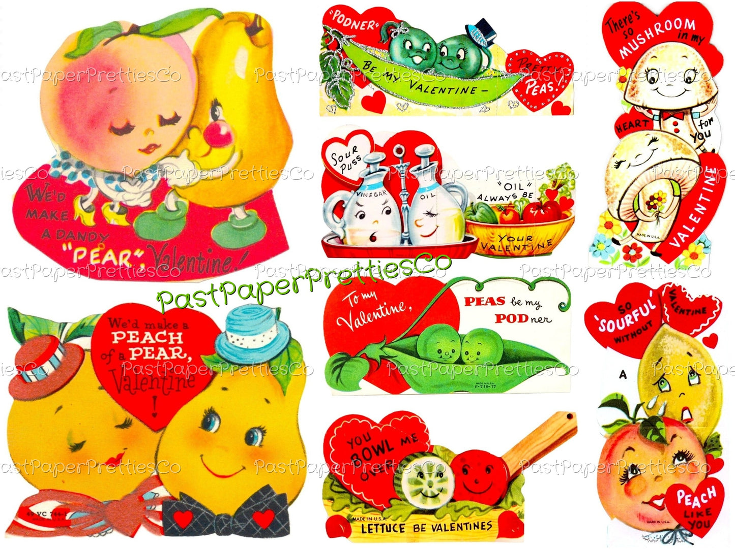 Vintage Food-In-Love Valentine Cards Images Anthropomorphic Fruit Veggies Couples Collage Sheets Printable PDF Instant Digital Download