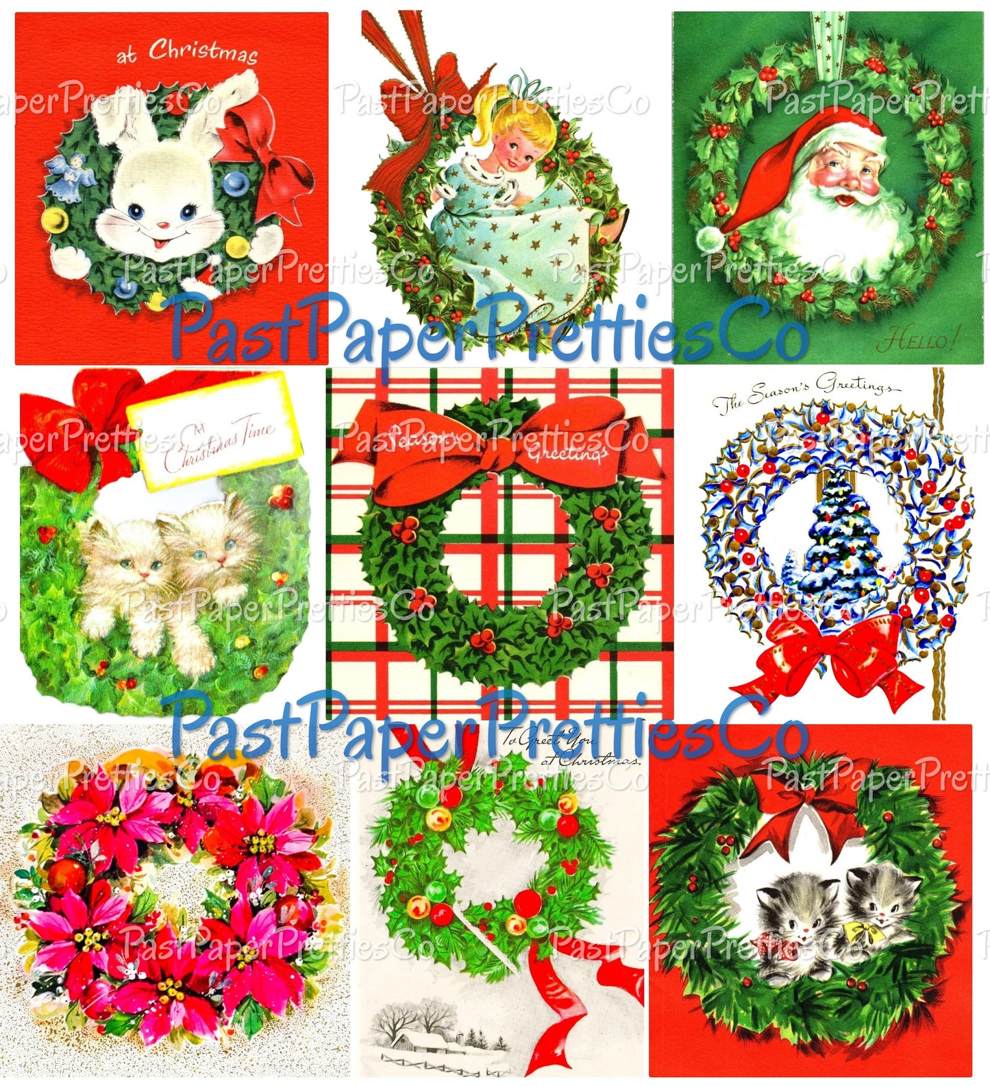 45 Vintage Printable Christmas Wreaths Collage Sheets Retro MCM Card Images PDF Instant Digital Download Cute Santa Snowmen Animals