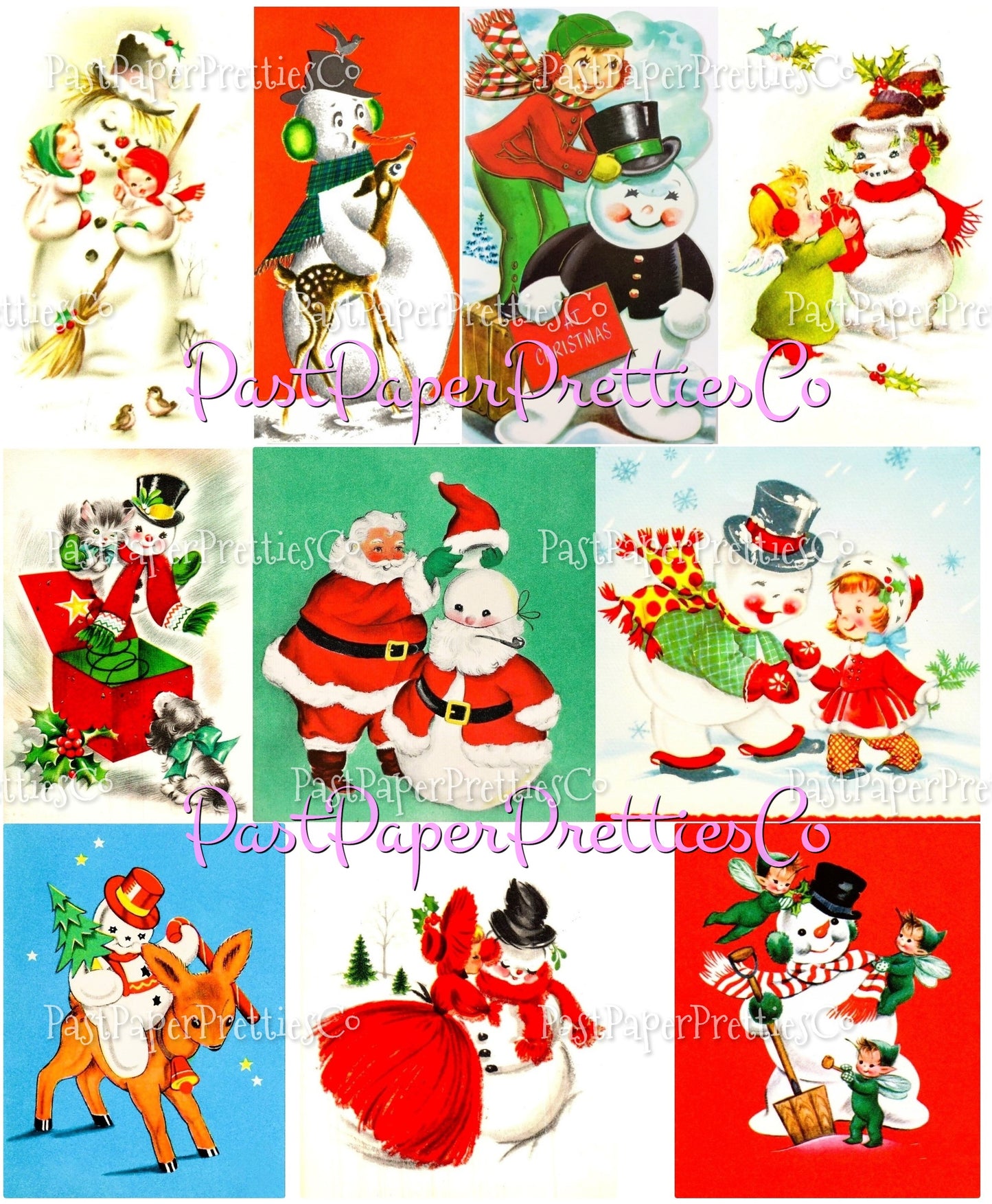 Vintage Christmas Printable MCM Snowmen and Their Friends Christmas Card Collage Images PDF Instant Digital Download Snowman Friendship