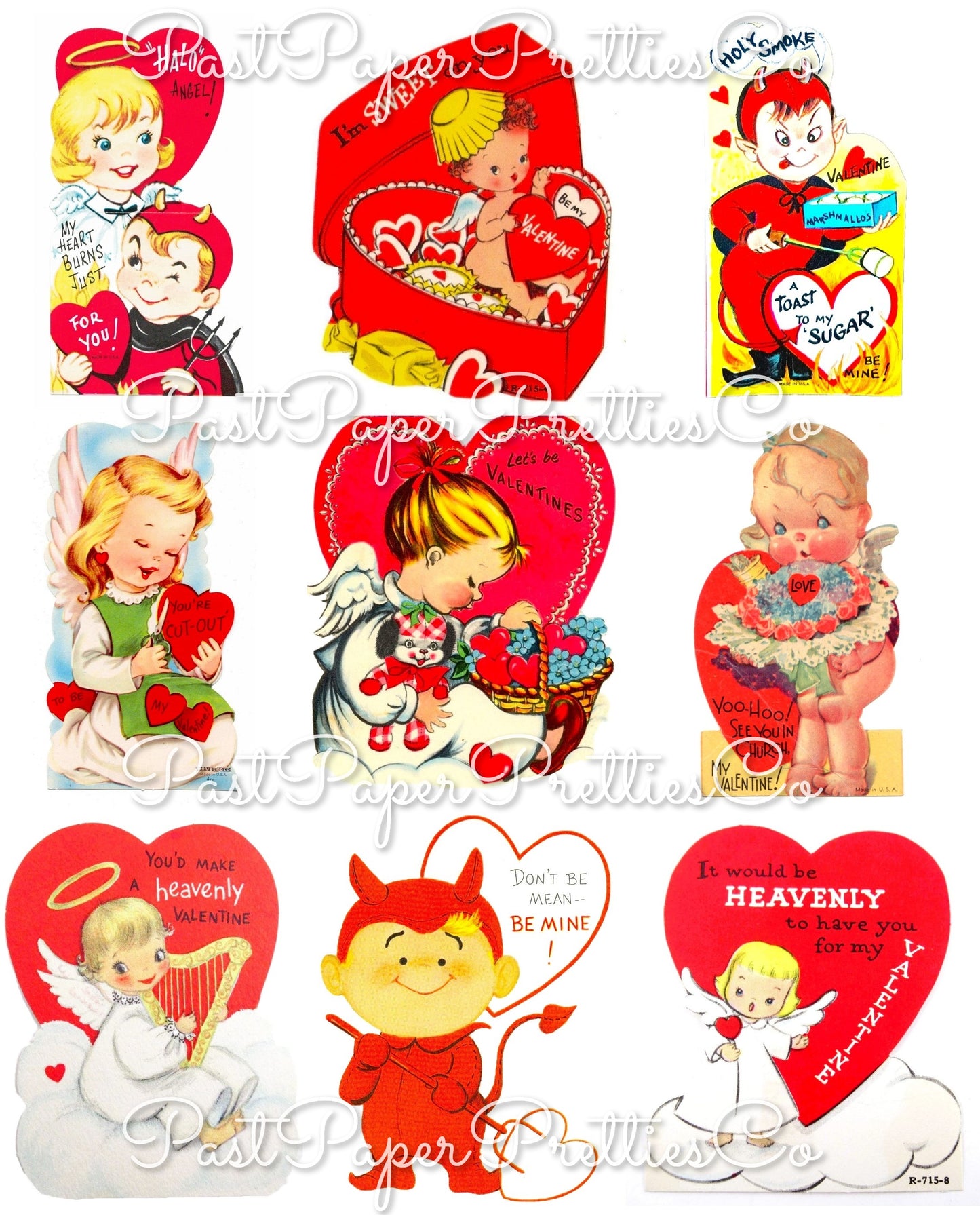 Vintage Valentines Day ALL Angels and Devils Themed Printable Card Image Collage Sheets PDF Instant Digital Download 45 Cute Hearts Clipart