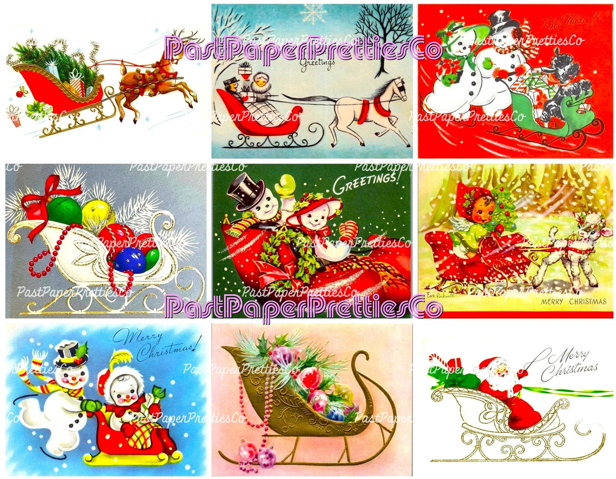 Vintage Christmas Sleighs Collage Sheets Retro MCM 62 Card Images PDF Instant Digital Download Merry Kitschmas Xmas Clipart