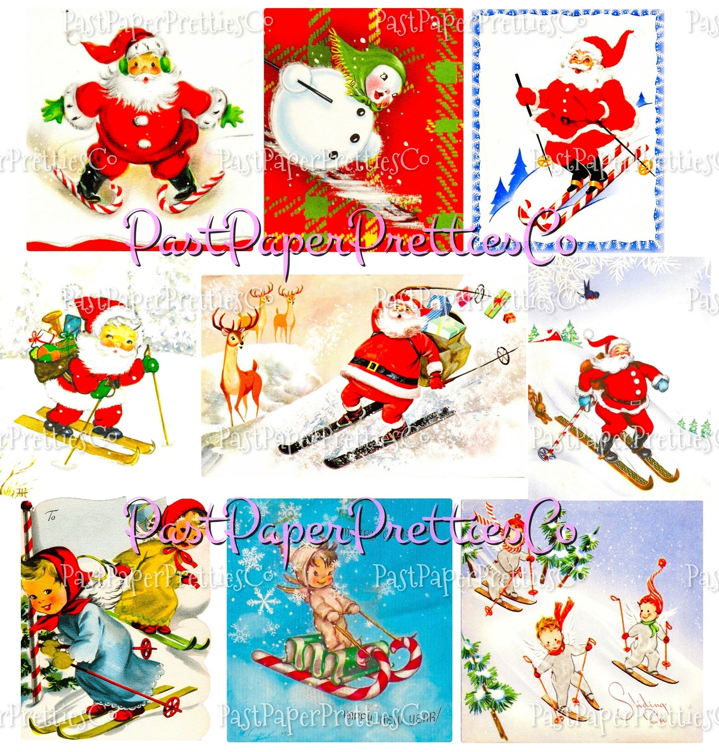 Vintage Christmas Printable MCM Skating Skiing Sledding Snowshoeing Cuties Card Collage Images PDF Instant Digital Download Holiday Outdoors