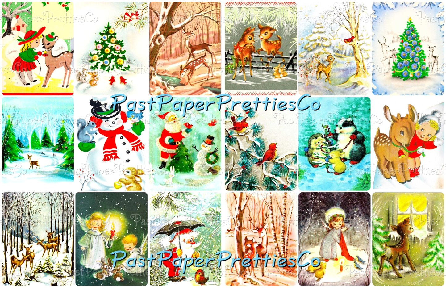 Vintage Printable Christmas Forest Friends Card 108 Images Collage Sheets Animal Santa Snowmen Kids Friendship PDF Instant Digital Download