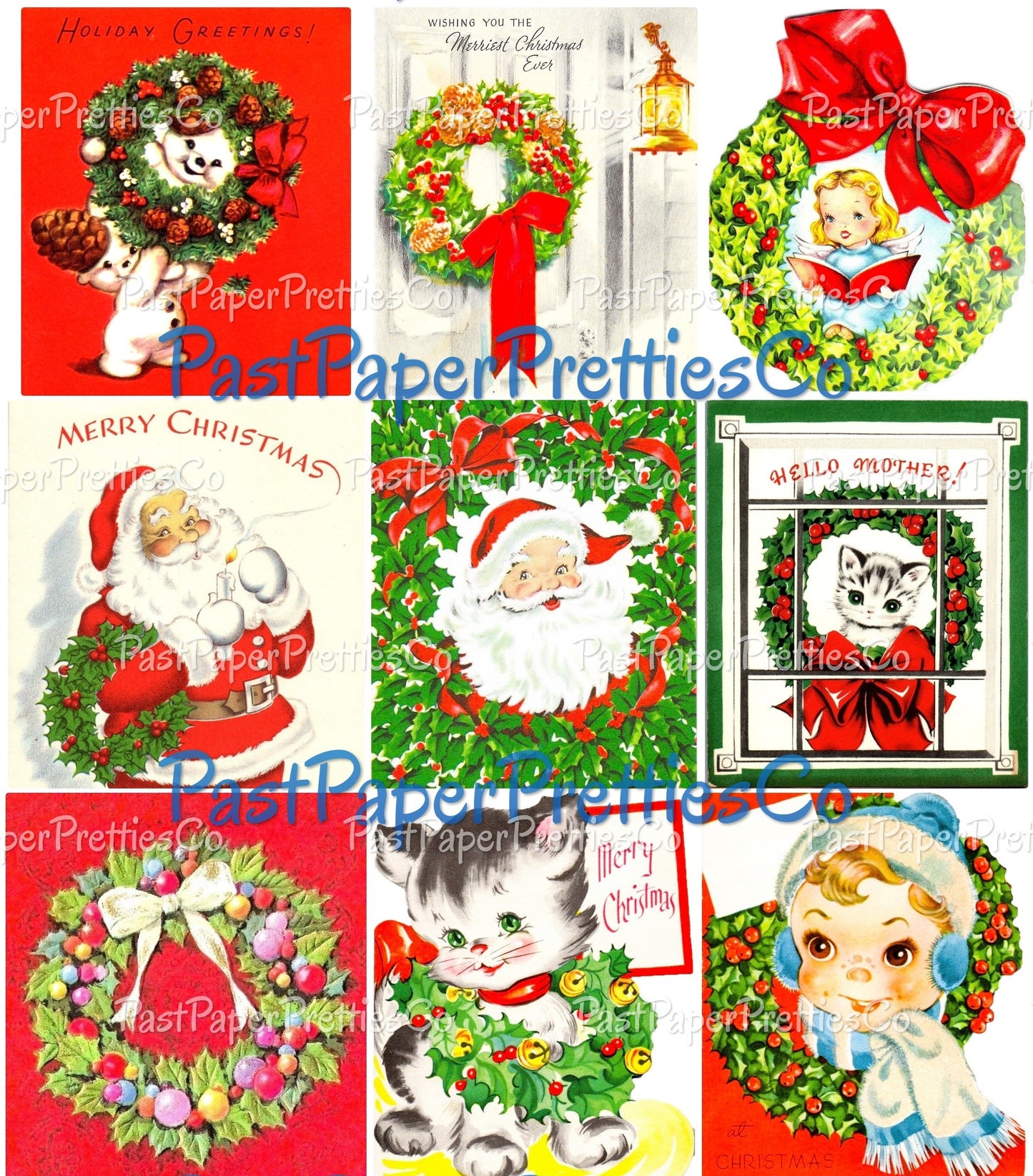 45 Vintage Printable Christmas Wreaths Collage Sheets Retro MCM Card Images PDF Instant Digital Download Cute Santa Snowmen Animals