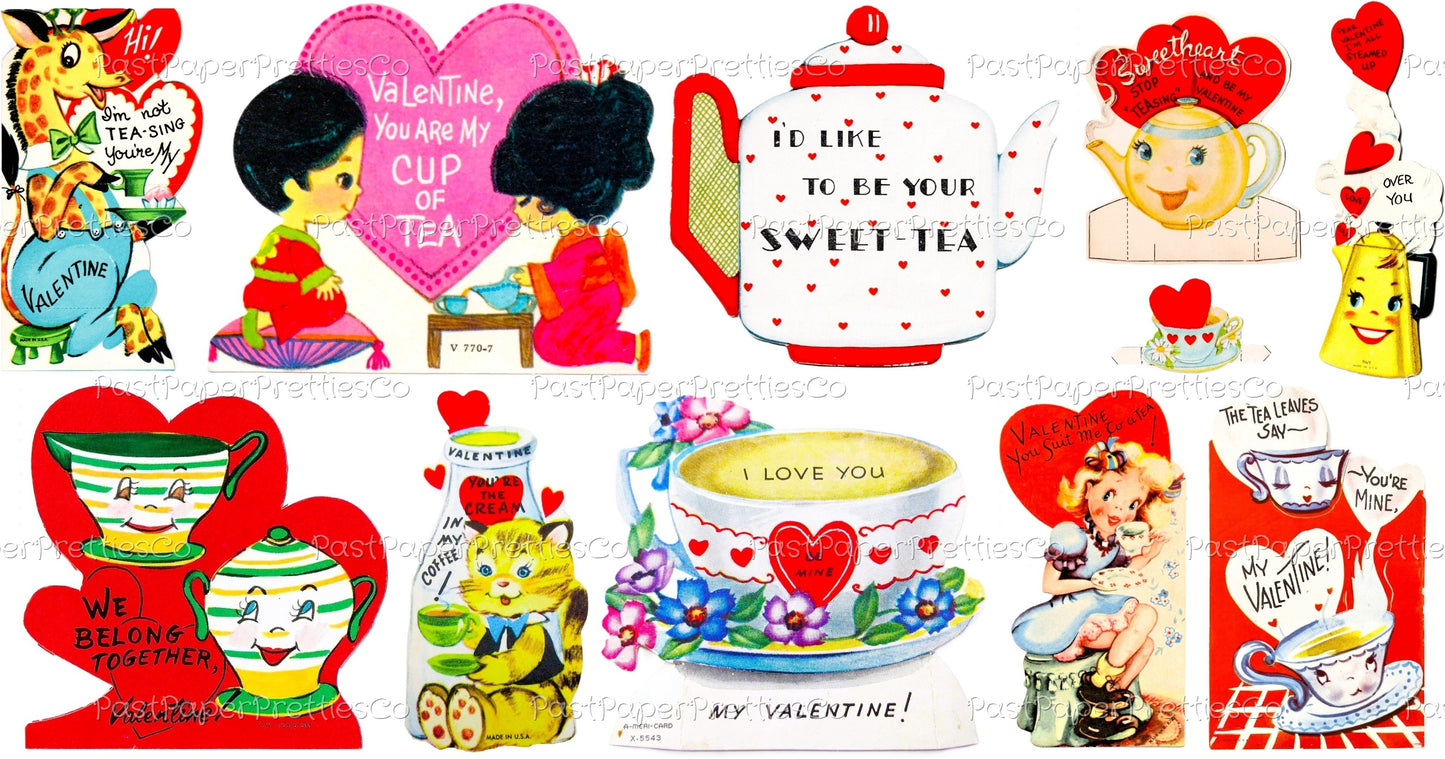 Vintage Coffee Tea Teapot Teacup Kettle Valentines Day Cards Retro Collage Sheets Printable PDF Instant Digital Download Hot Drink Themed