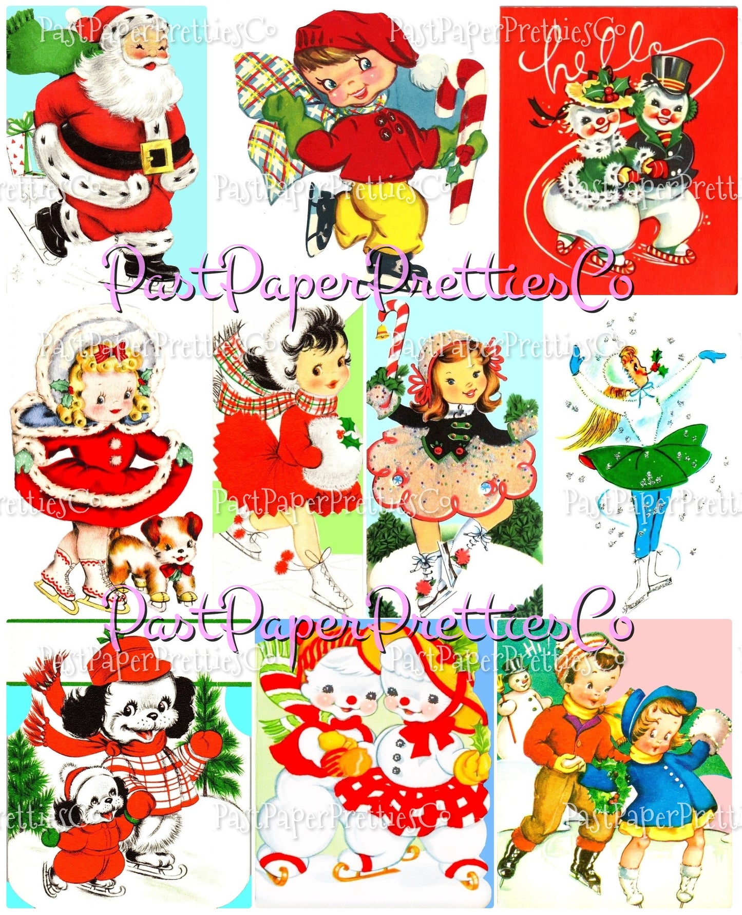 Vintage Christmas Printable MCM Skating Skiing Sledding Snowshoeing Cuties Card Collage Images PDF Instant Digital Download Holiday Outdoors