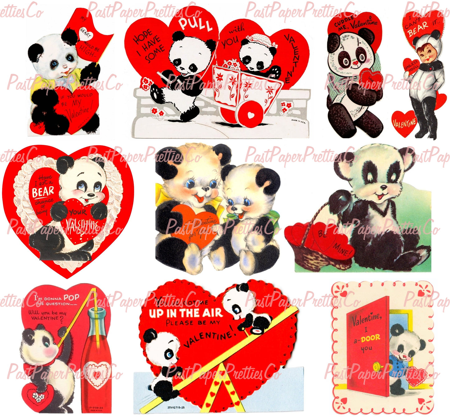 27 Vintage Printable Panda Bear Valentine Card Collage Images PDF Instant Digital Download ALL Kitsch Anthropomorphic Panda Love Clip Art