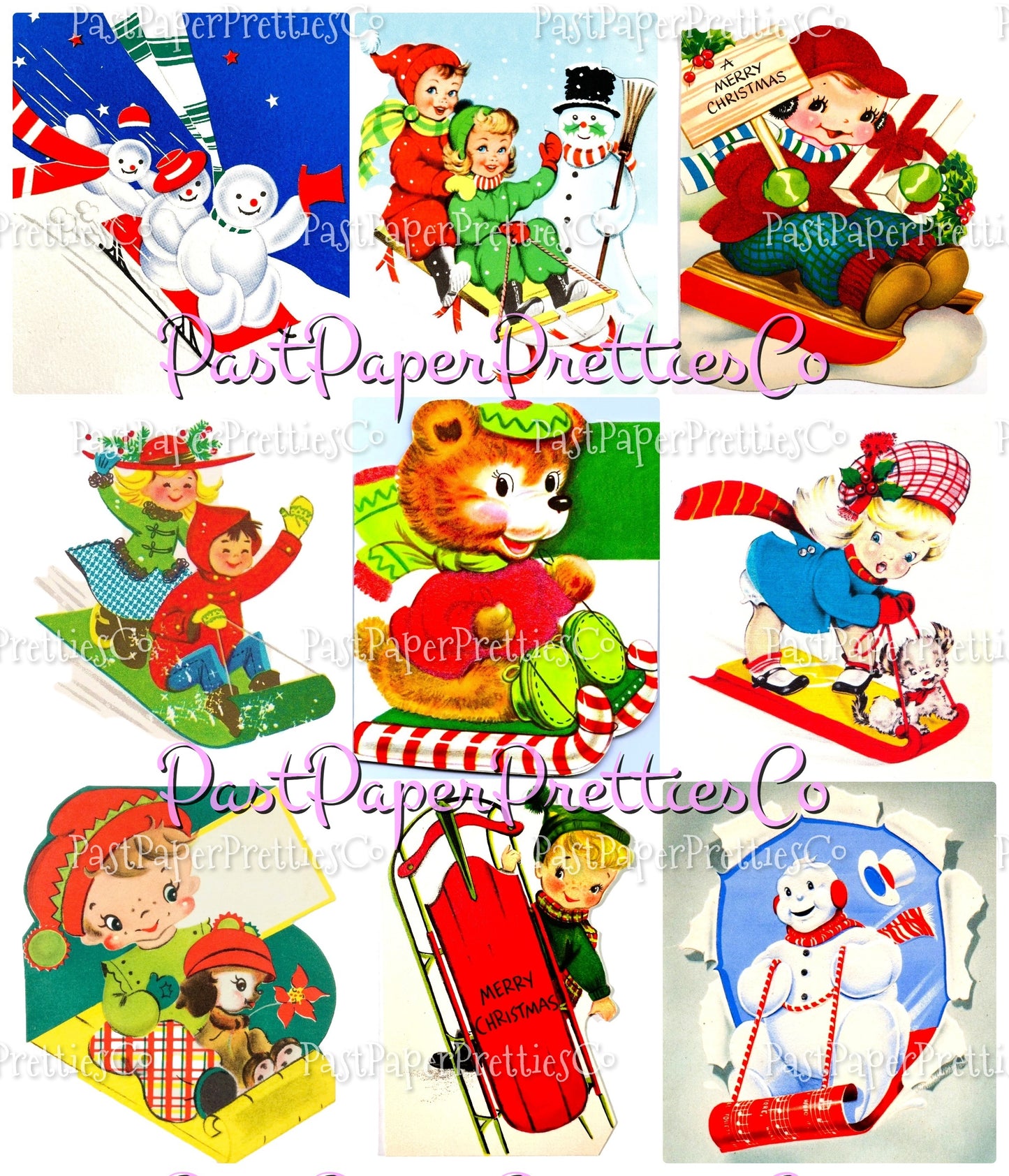 Vintage Christmas Printable MCM Skating Skiing Sledding Snowshoeing Cuties Card Collage Images PDF Instant Digital Download Holiday Outdoors