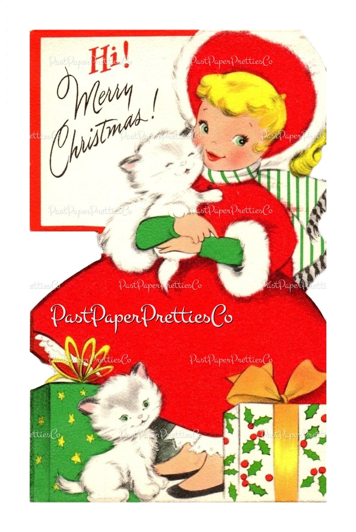 Vintage Printable Little Christmas Girl and Her Kittens Card Image Retro 1950s PDF Instant Digital Download Kitsch Kawaii Clipart JPEG PNG