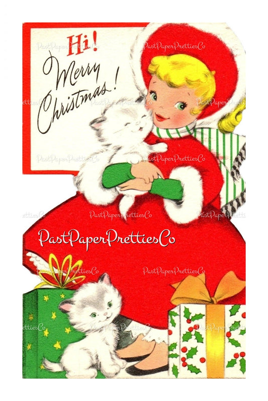 Vintage Printable Little Christmas Girl and Her Kittens Card Image Retro 1950s PDF Instant Digital Download Kitsch Kawaii Clipart JPEG PNG