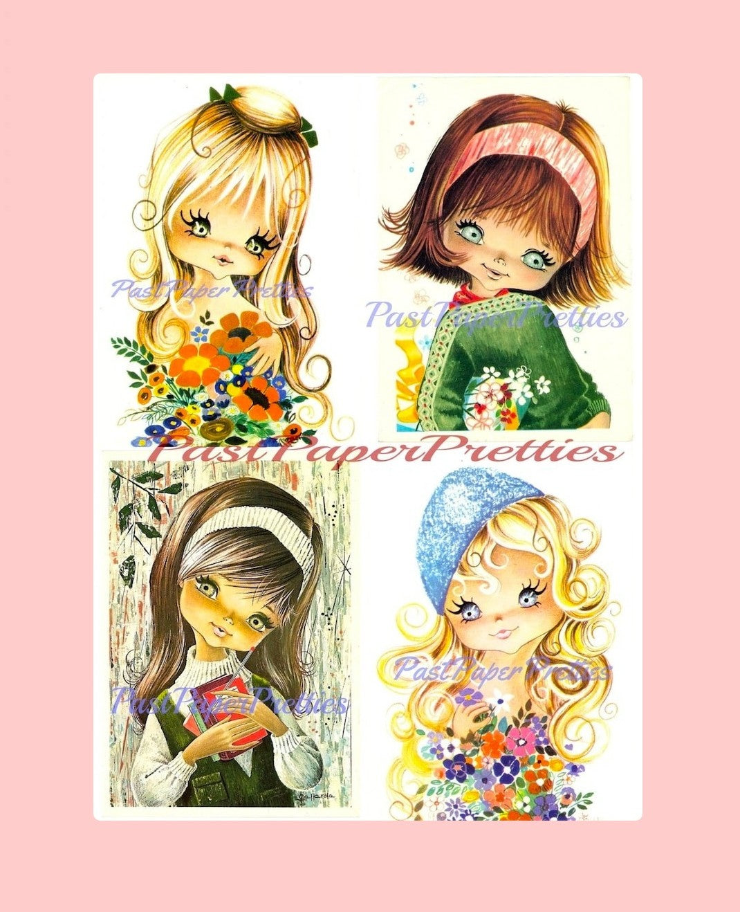 Vintage Printable Pretty Big Eyed Girls Retro Romantic 1970s Postcard Images PDF Instant Digital Download Cute Kitsch Kawaii Mod Girls