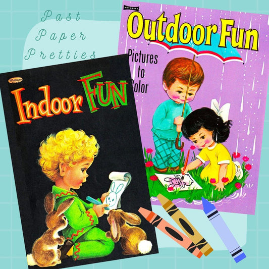 Vintage Printable Coloring Book Pages Indoor Fun Outdoor Fun 1960s PDF Instant Digital Download Two Books Adorable Kitsch Children Activites