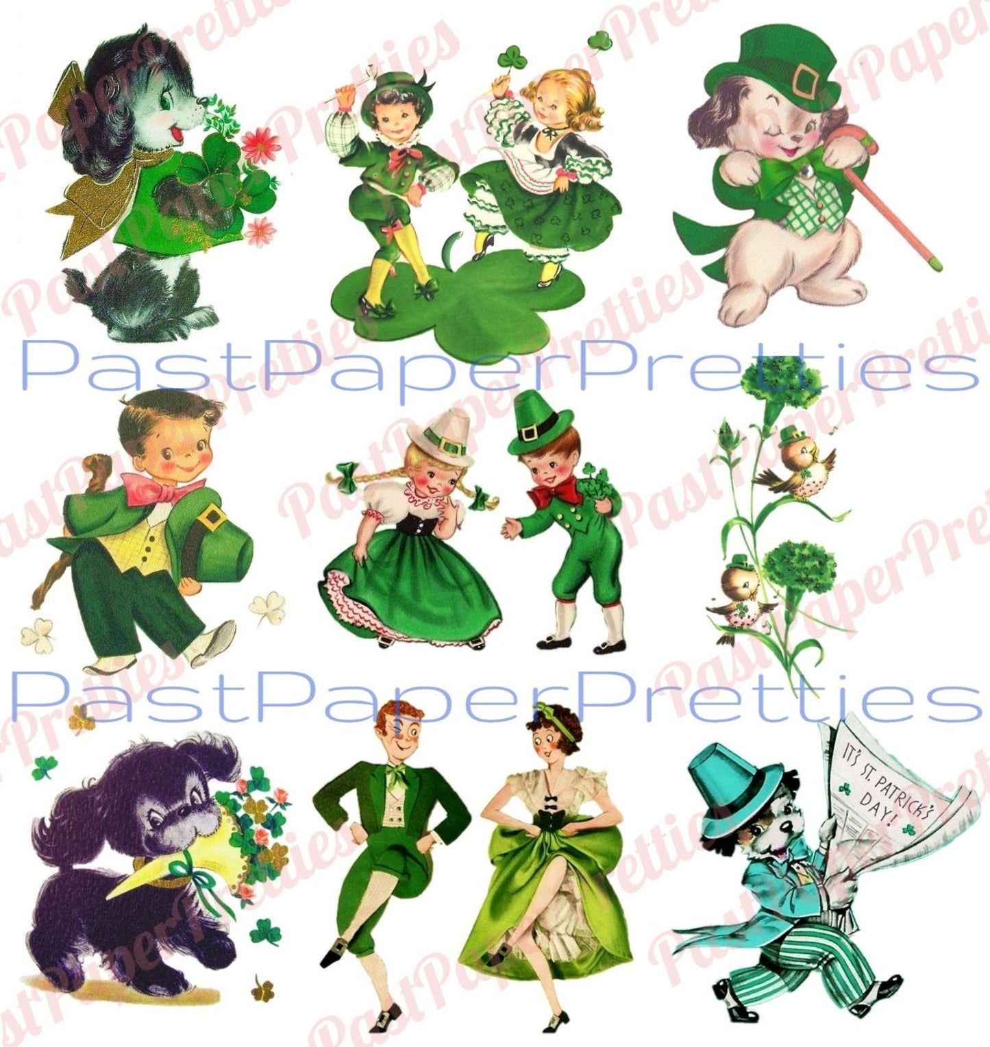 Vintage St. Patricks Day Card Girls Boys Puppy Dog Collage Sheets Printable PDF Instant Digital Download Clipart 18 Images