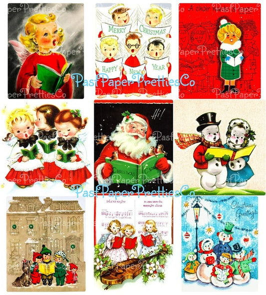 Vintage Christmas Printables Cute Carolers Collage Sheets MCM Singing Santas Snowmen Kids Angels 54 Card Images PDF Instant Digital Download