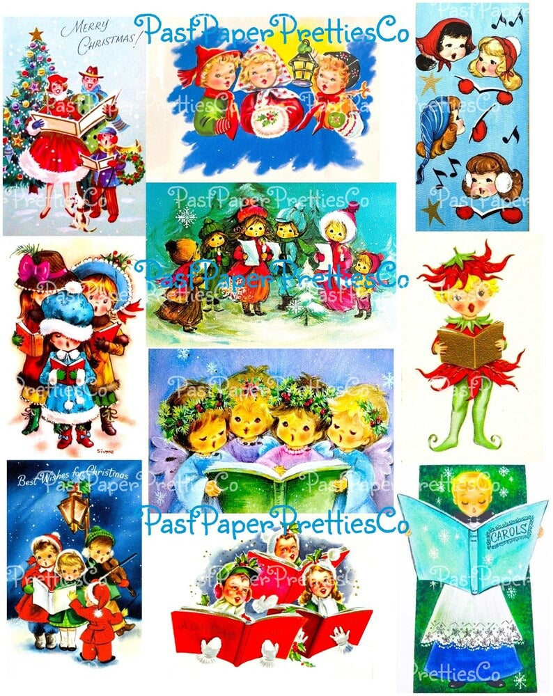 Vintage Christmas Printables Cute Carolers Collage Sheets MCM Singing Santas Snowmen Kids Angels 54 Card Images PDF Instant Digital Download