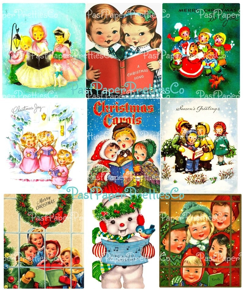 Vintage Christmas Printables Cute Carolers Collage Sheets MCM Singing Santas Snowmen Kids Angels 54 Card Images PDF Instant Digital Download