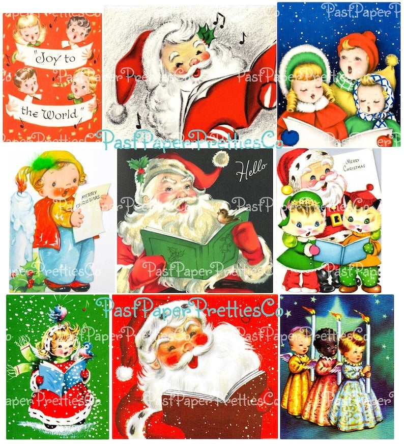 Vintage Christmas Printables Cute Carolers Collage Sheets MCM Singing Santas Snowmen Kids Angels 54 Card Images PDF Instant Digital Download