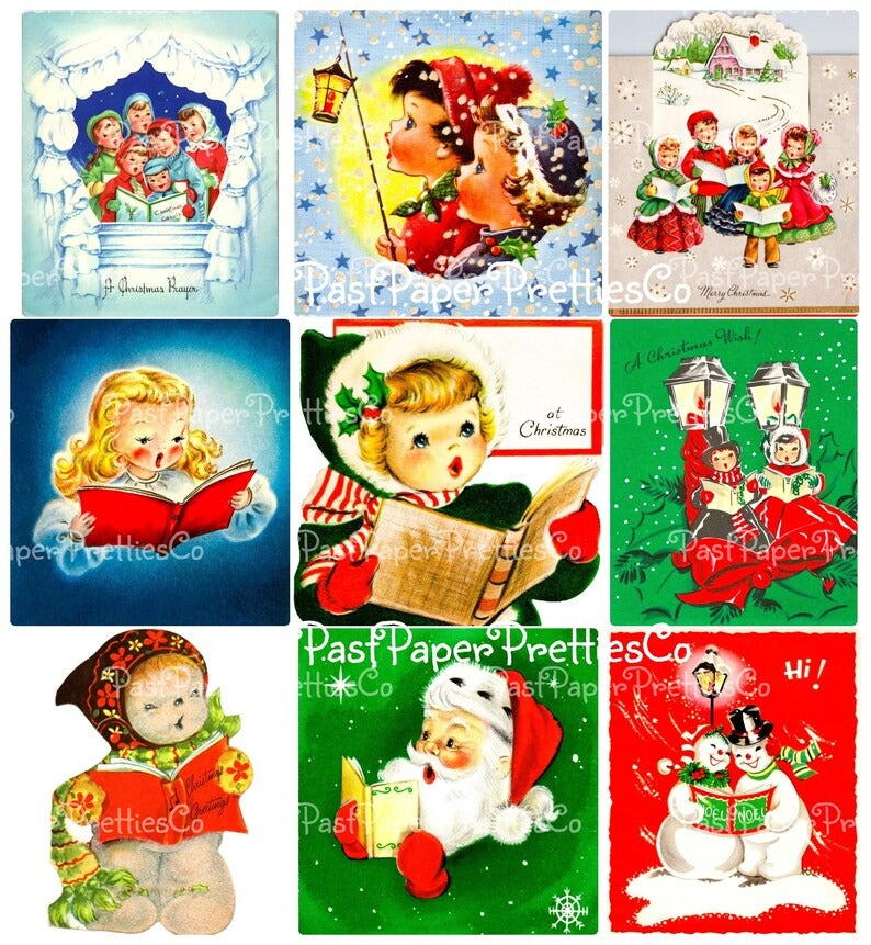 Vintage Christmas Printables Cute Carolers Collage Sheets MCM Singing Santas Snowmen Kids Angels 54 Card Images PDF Instant Digital Download