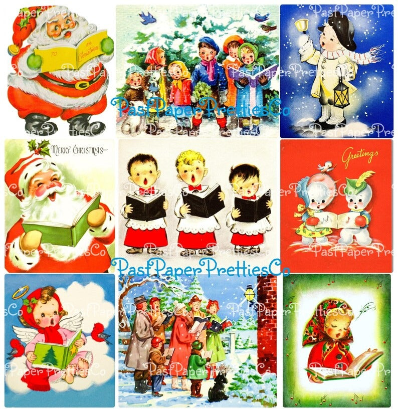 Vintage Christmas Printables Cute Carolers Collage Sheets MCM Singing Santas Snowmen Kids Angels 54 Card Images PDF Instant Digital Download
