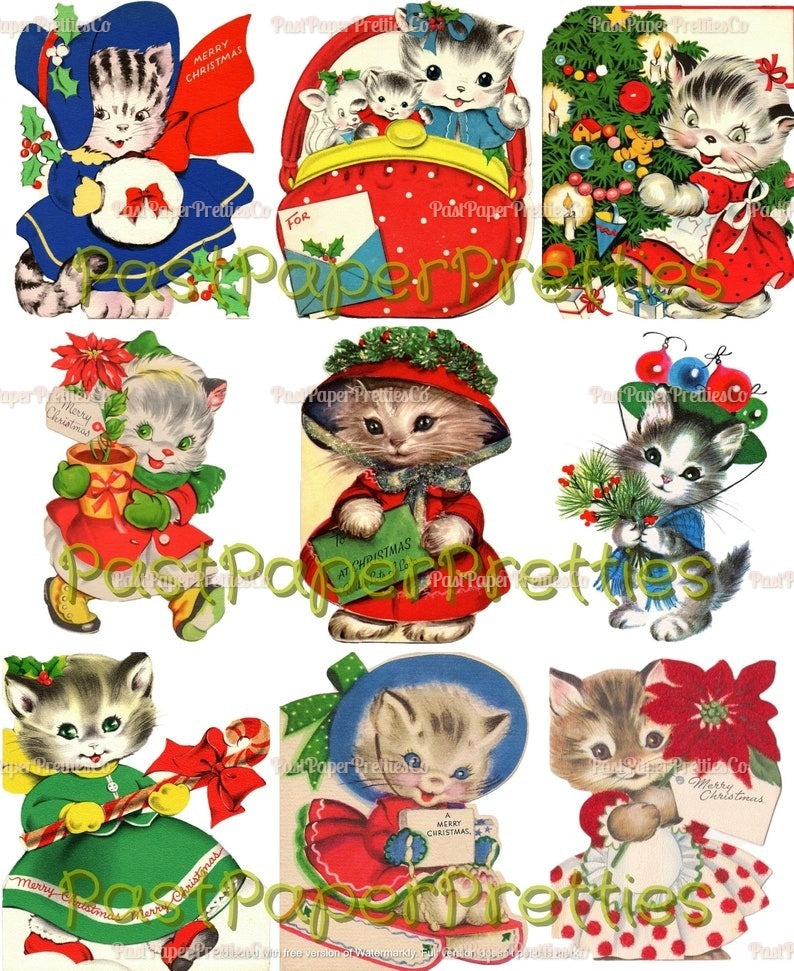 Vintage Printable Girl Kittens Kitty Cat Christmas Card Collage Sheets 36 Images PDF Instant Digital Download ALL Girly Cats Clipart