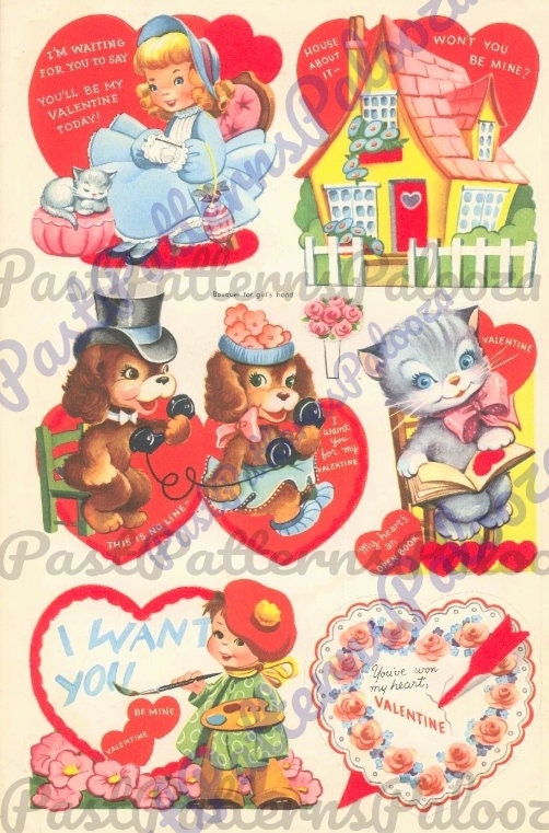 Printable Vintage 1955 Whitman Valentines Day Cards Cute Kitsch Boys Girls Animals PDF Instant Digital Download Clip Art 40 Designs JPEG