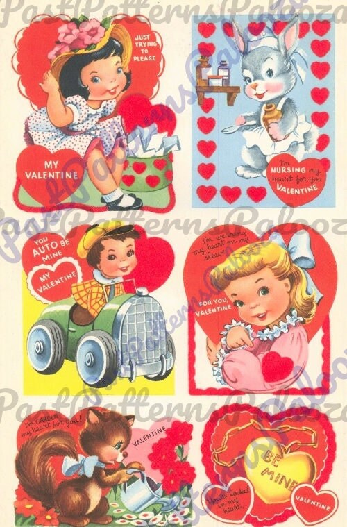 Printable Vintage 1955 Whitman Valentines Day Cards Cute Kitsch Boys Girls Animals PDF Instant Digital Download Clip Art 40 Designs JPEG